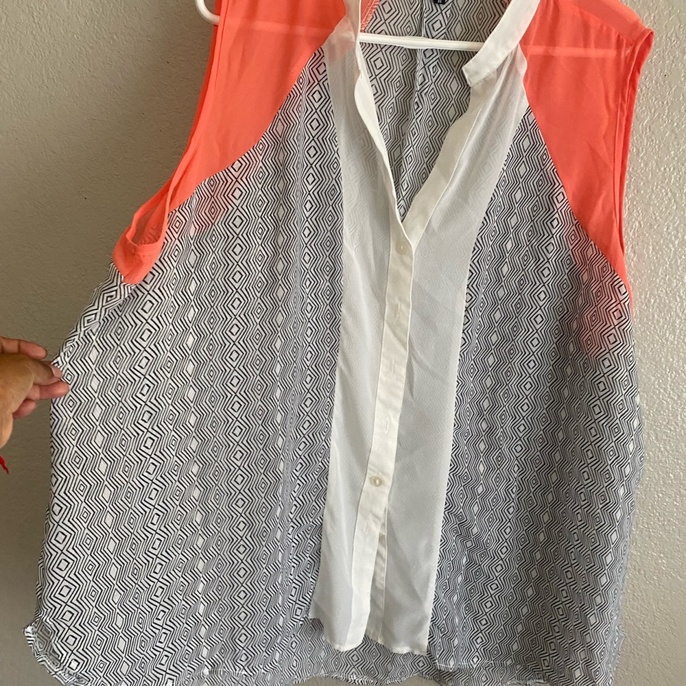 Unique Spectrum Pink and Gray Sleeveless Blouse with Mandarin Collar